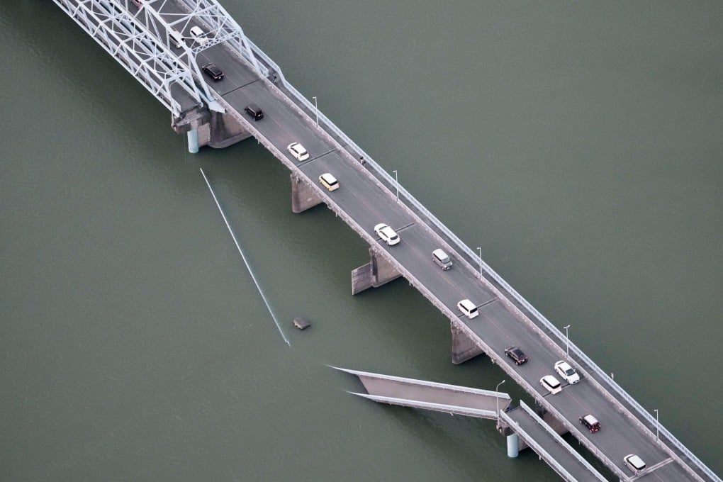 A partially collapsed bridge after the earthquake. Photo: AP