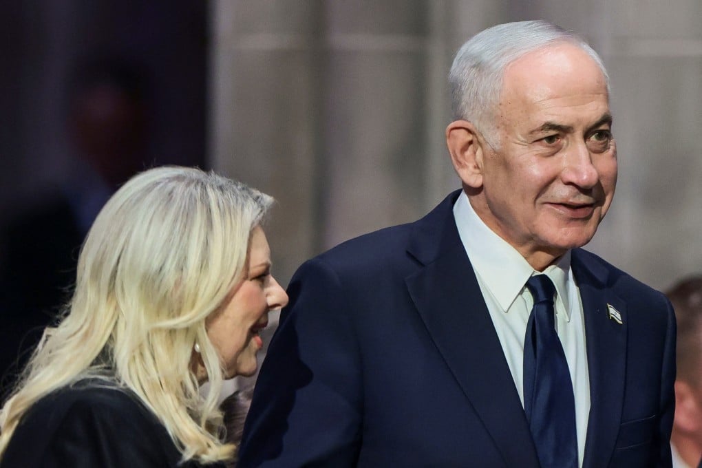 Israeli Prime Minister Benjamin Netanyahu with his wife Sara at Washington National Cathedral ahead of Senator Lindsey Graham’s funeral on Tuesday. Photo: Reuters