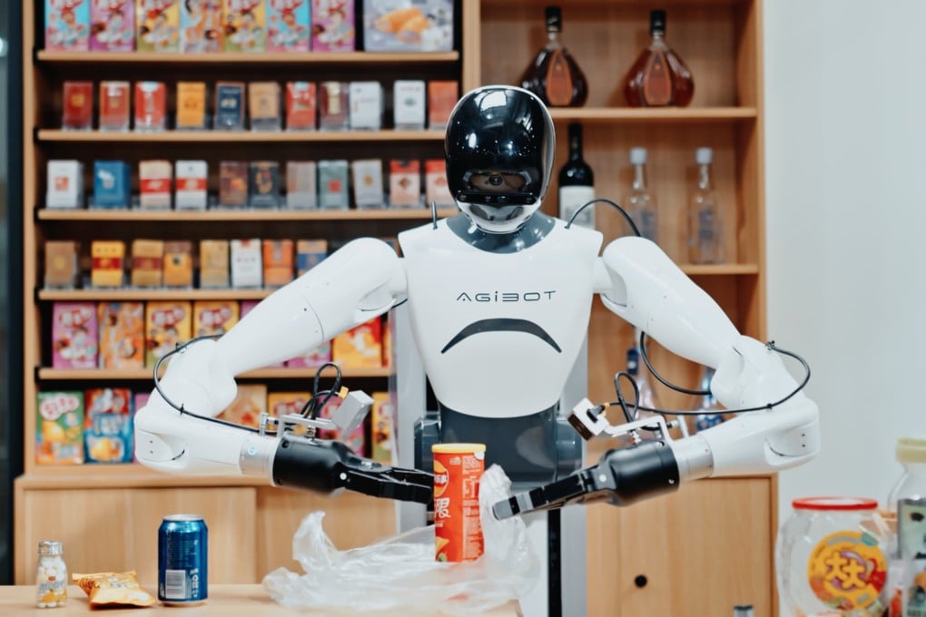 A wheeled robot by Shanghai-based robot maker AgiBot operates at a supermarket checkout. The Trump administration announced bans on imports of new Chinese robots on Tuesday. Photo: Handout