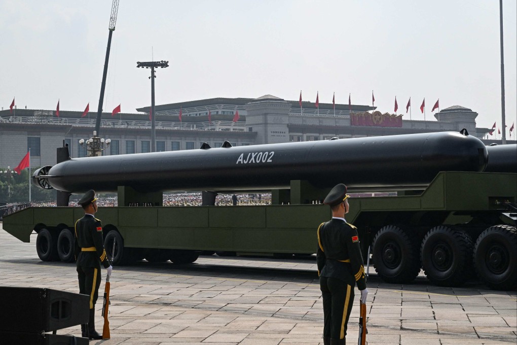 A Chinese AJX-002 uncrewed underwater vehicle rolls through the streets of Beijing during a military parade to mark the 80th anniversary of the end of World War II, on September 3, 2025. Photo: AFP