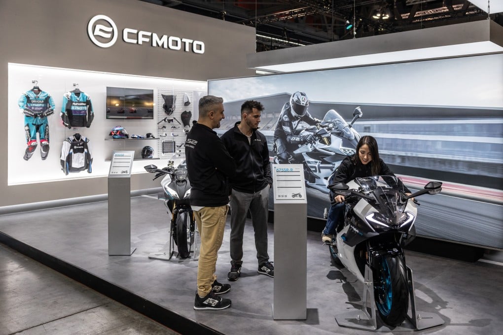 A CFMoto booth at the 82nd edition of the International Motorcycle and Accessories Exhibition in Rho, near Milan, Italy. Photo: Getty Images