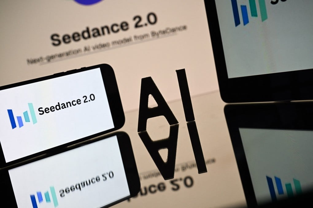 A smartphone screen displays the logo of Seedance 2.0, an image-to-video and text-to-video AI model developed by ByteDance. Photo: AFP via Getty Images/TNS)
