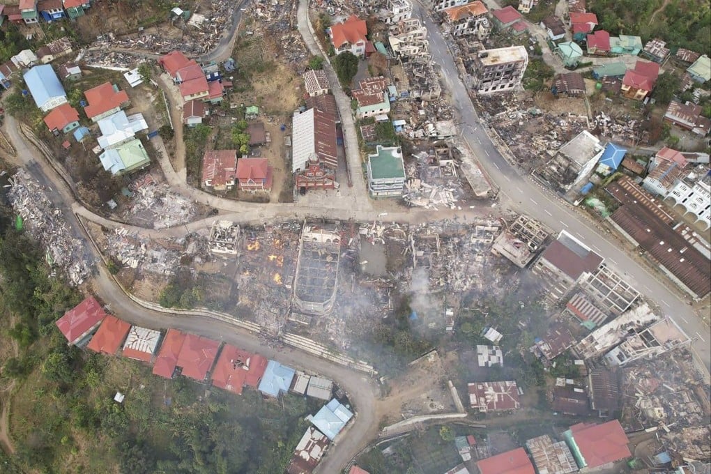 Fires destroy numerous buildings in the town of Thantlang in Chin state in northwest Myanmar, in December 2021. Photo: Chin Human Rights Organization via AP