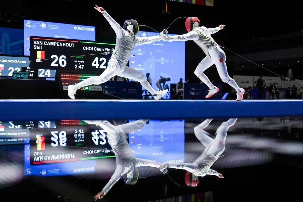 Hong Kong’s Ryan Choi (right) in action against Belgium’s Stef Van Campenhout in the men's team foil round of 16 at AsiaWorld-Expo on Tuesday. Photo: Elson Li