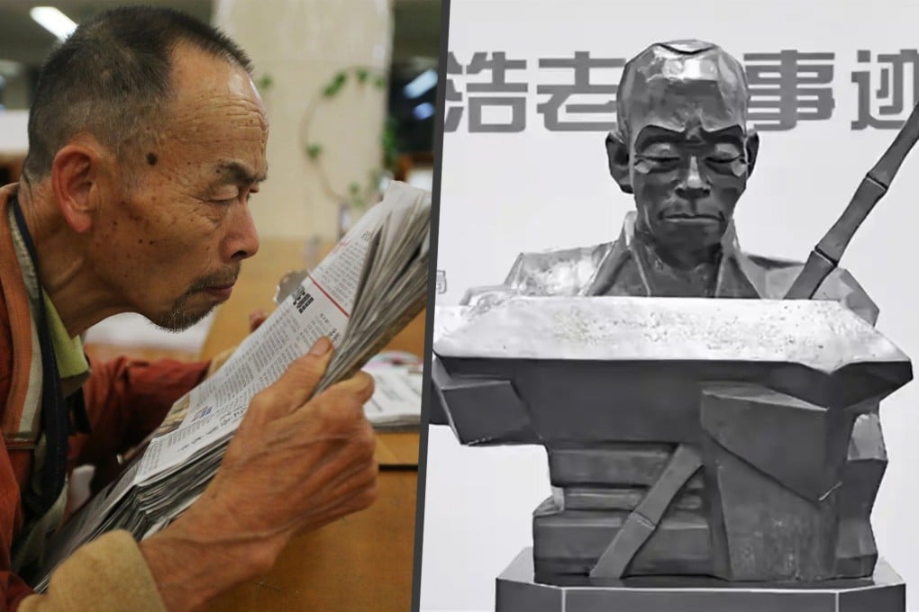 The Hangzhou City Library, renowned for its welcoming policy towards the homeless, now boasts a statue of a beloved scavenger — Wei Sihao, a retired teacher who secretly funded impoverished students for 20 years. Photo: SCMP composite/Douyin/Sohu