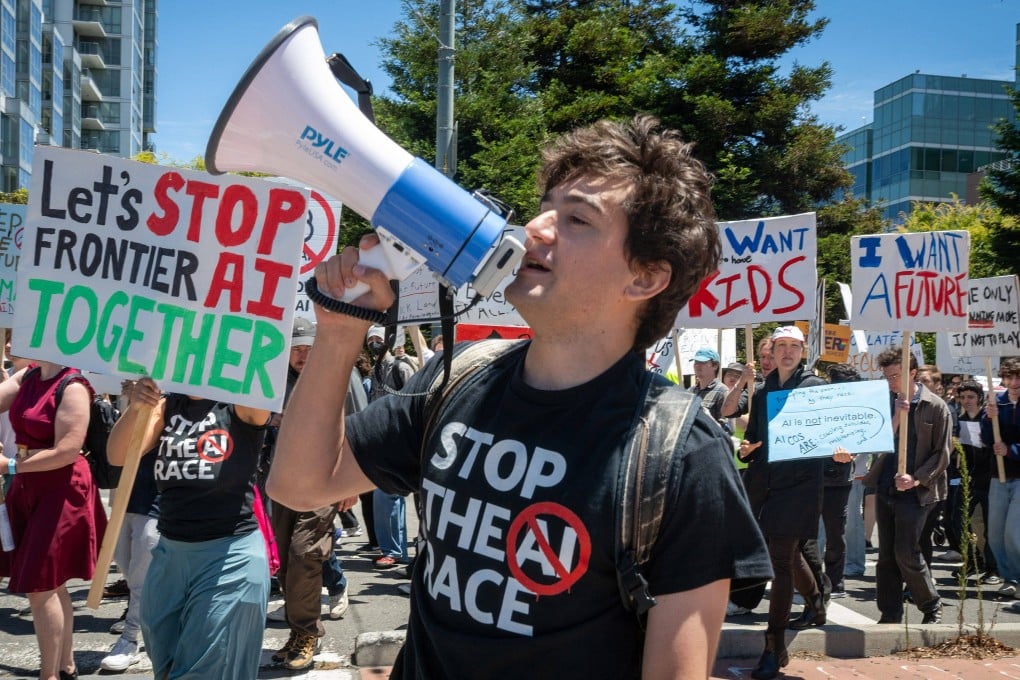 AI safety activists take part in a "Stop the AI Race" protest march in San Francisco on July 11. Photo: AFP