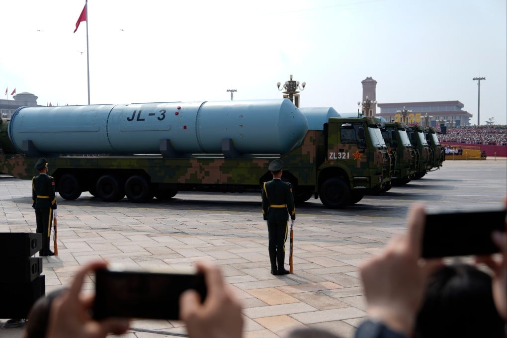 JL-3 submarine-launched missiles mounted on armoured vehicles are unveiled at a massive military parade in Beijing in September 2025. Photo: AP