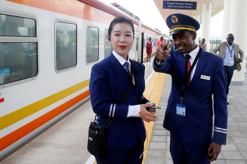 Kenya Railways attendants at a station along the Standard Gauge Railway line built by the China Road and Bridge Corporation, in Ongata Rongai, Kenya, in 2019. Photo: Reuters