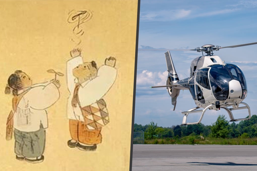 The bamboo-copter, known as the "bamboo dragonfly," is a gadget from the beloved Doraemon cartoon series. Its origins trace back to ancient China and are thought to have influenced modern helicopter designs. Photo: SCMP composite/Shutterstock/Baidu
