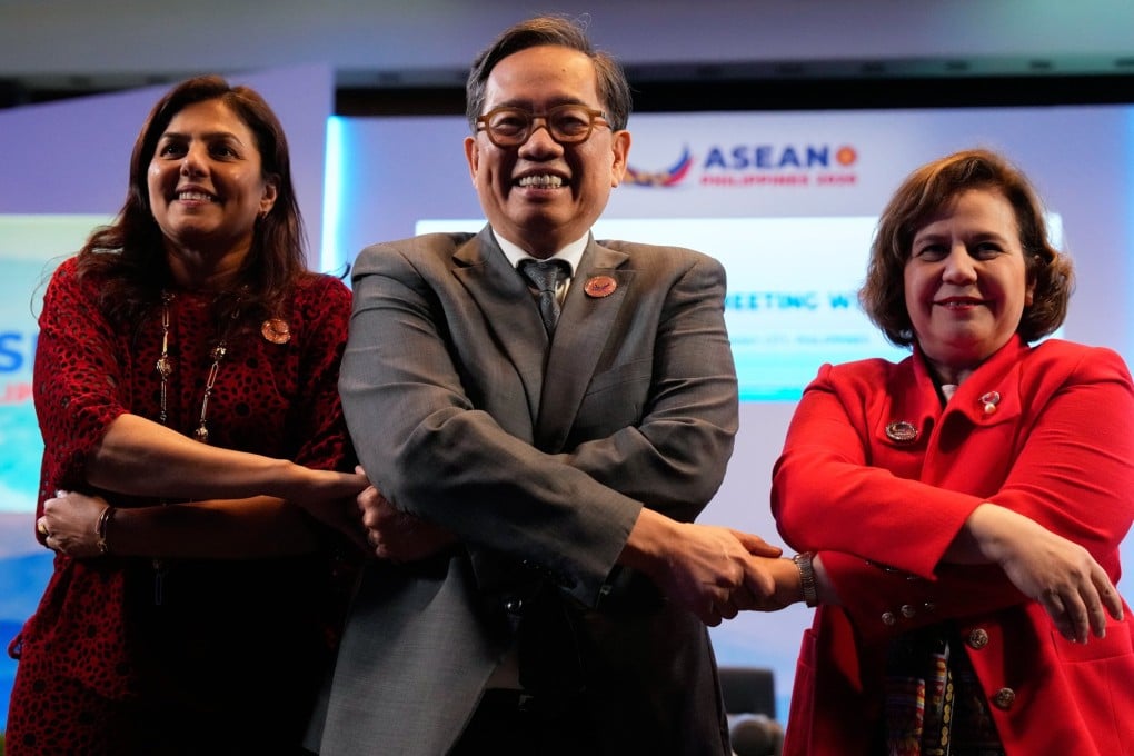 Turkey’s Deputy Foreign Minister Berris Ekinci (right) poses for a photo with Philippine Foreign Affairs Undersecretary Leo Herrera Lim (centre) and Asean Political-Security Community Deputy Secretary General Astanah Abdul Aziz during a meeting on the sidelines of the Asean Foreign Ministers’ Meeting on July 22. Photo: EPA