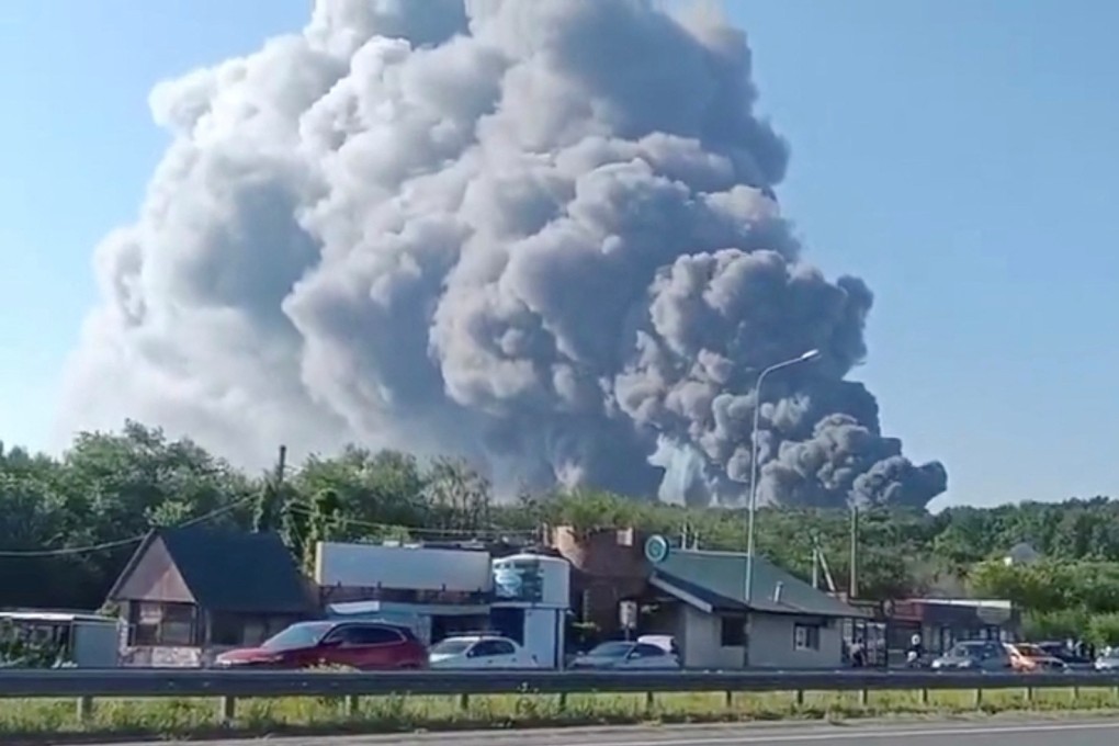 Smoke rises after a Ukrainian drone attack on a Wildberries warehouse in Russia’s Samara region on Sunday. Photo: Social media via Reuters