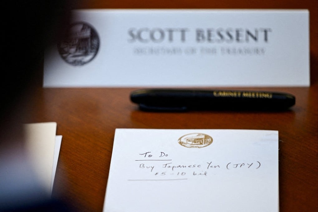 A notepad in front of US Secretary of the Treasury Scott Bessent reads “To Do Buy Japanese Yen $5-10 bil” during a cabinet meeting on Friday. Photo: Reuters