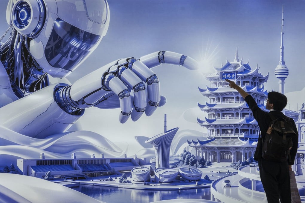 A man poses in front of a billboard showing a humanoid robot in the AI section of the China International Supply Chain Expo last month in Beijing. Photo: Getty Images
