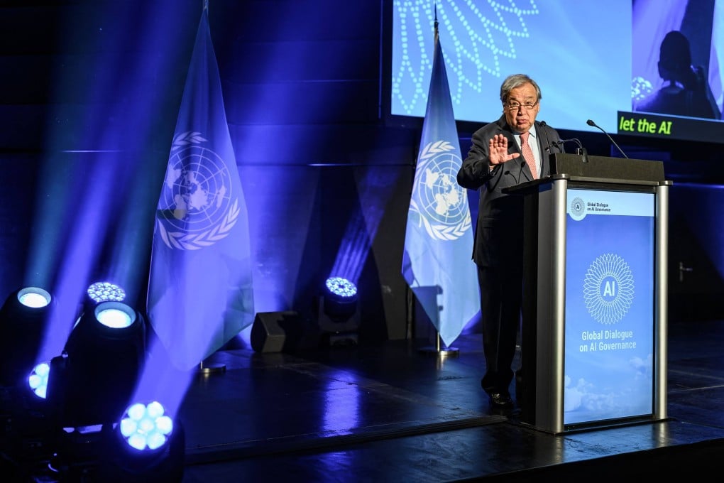 UN Secretary-General Antonio Guterres speaks at the inaugural Global Dialogue on AI Governance, in Geneva on July 6. Photo: AFP