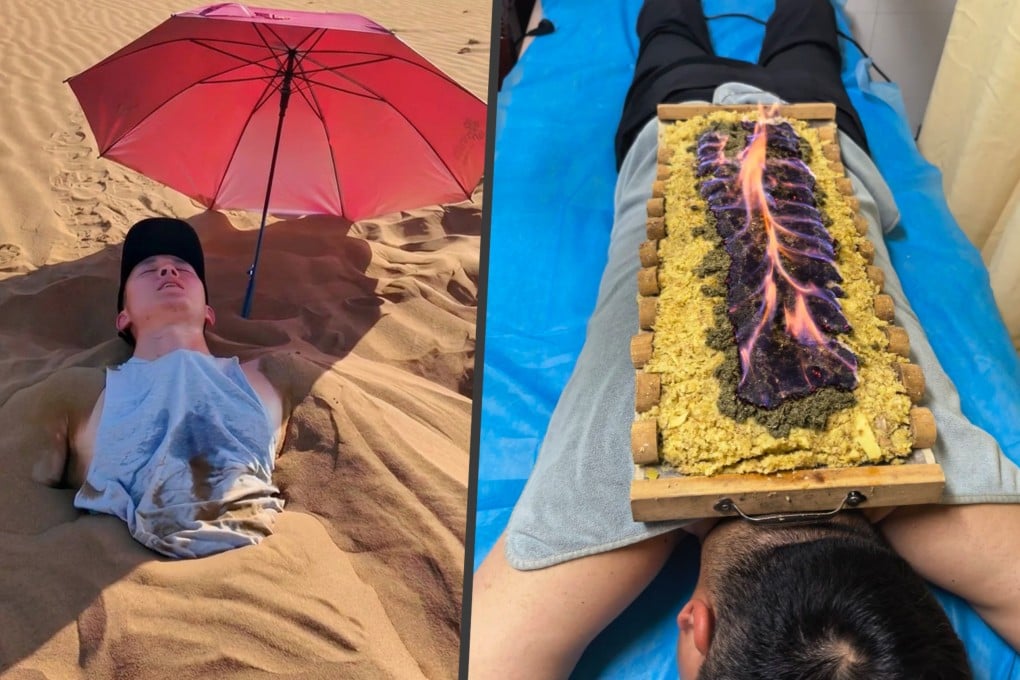 As China faces historic summer heat, youth are turning to TCM "dampness removal" remedies like hot sand burials and herbal burning. Photo: SCMP composite/RedNote/douyin