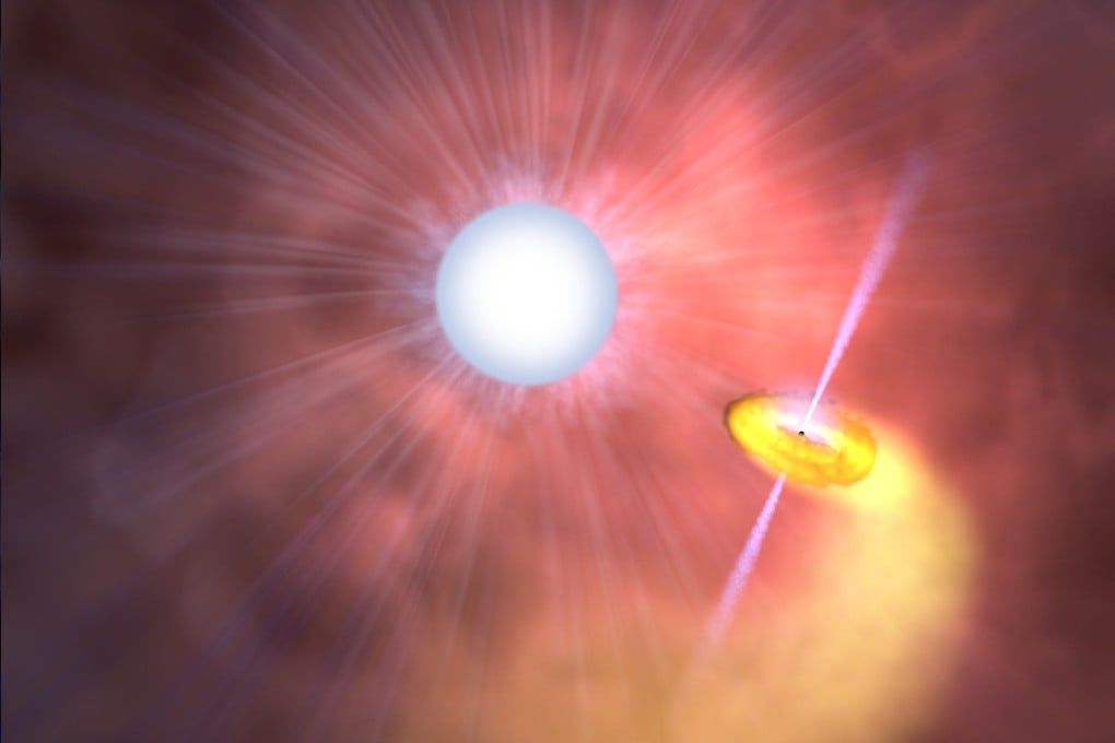 Cygnus X-3 is a binary system in which a black hole likely feeds on a massive companion while launching powerful jets. Illustration: Nasa’s Goddard Space Flight Centre