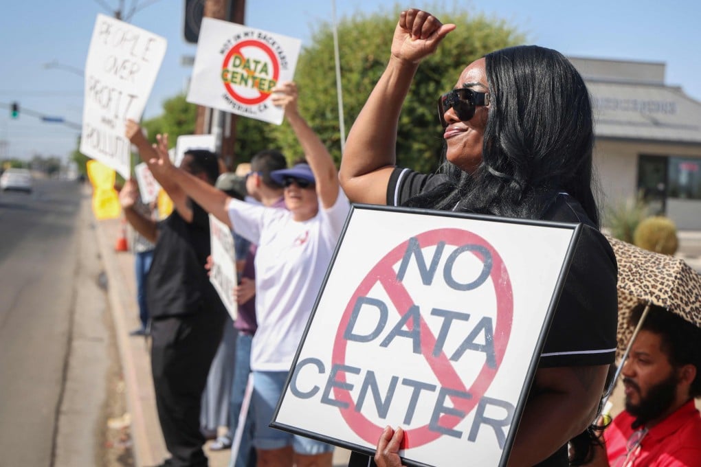 Demonstrators take part in a nationwide protest against AI data centre expansion in Imperial, California, on July 18. US President Trump says China is backing popular resistance to data centres. Photo: AFP