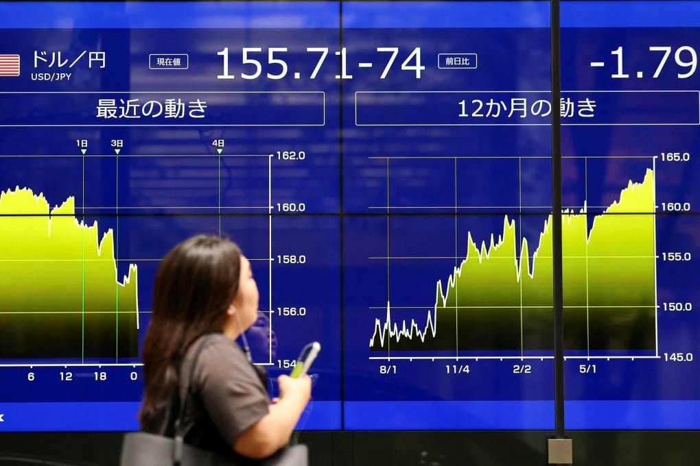 A woman looks at an electronic screen showing current and recent Japanese yen exchange rates against the US dollar on Monday. Photo: Reuters