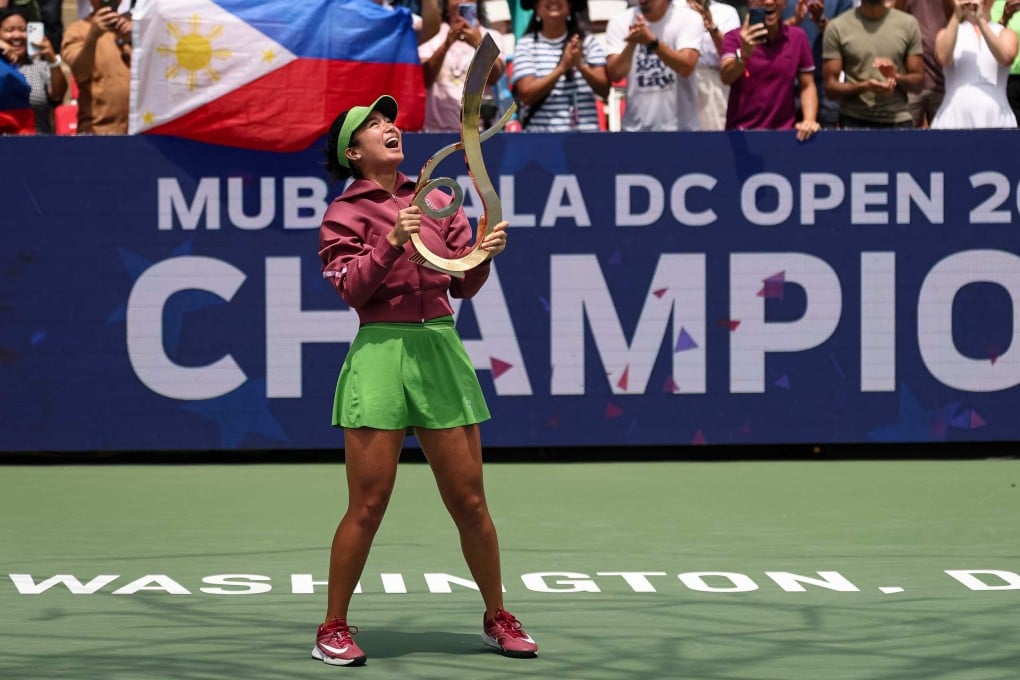 Alexandra Eala of the Philippines holds the championship trophy after winning the women’s singles final against Jessica Pegula of the United States at the Mubadala DC Open at the William H.G. FitzGerald Tennis Centre in Washington on August 3. Photo: AFP