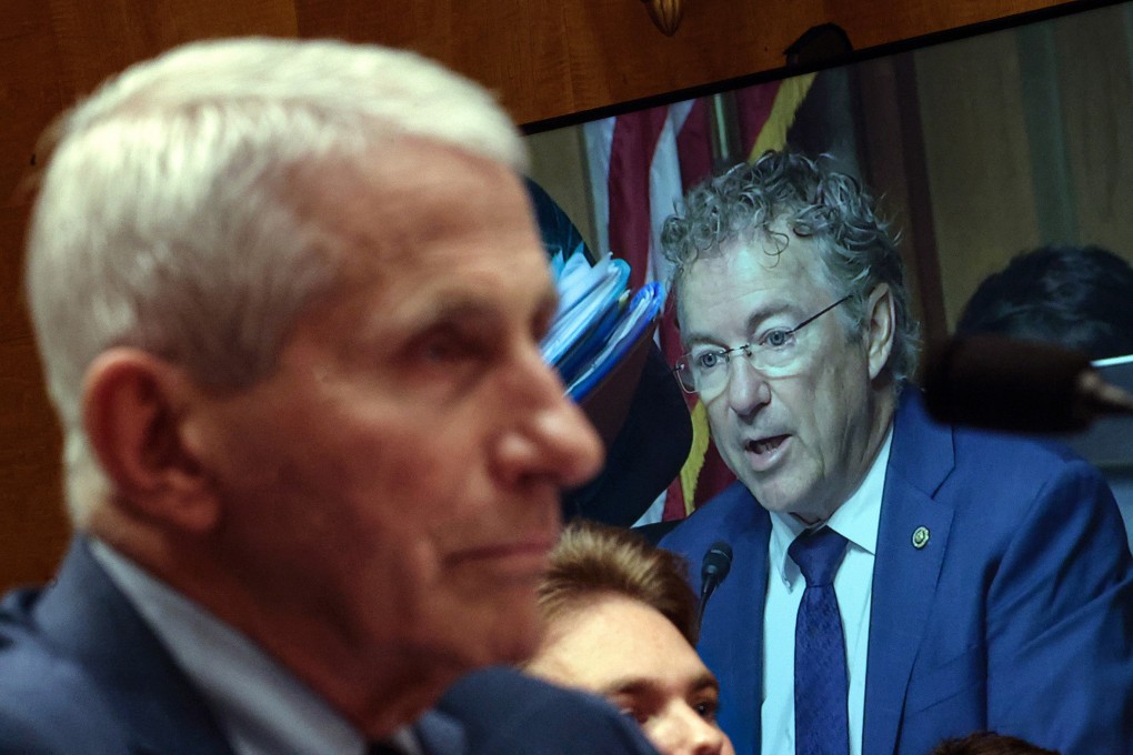 Committee Chairman US Senator Rand Paul is shown on a monitor as former NIH director Anthony Fauci (left) testifies before the Senate Homeland Security and Governmental Affairs Committee hearing on July 29 in Washington, DC. Photo: TNS