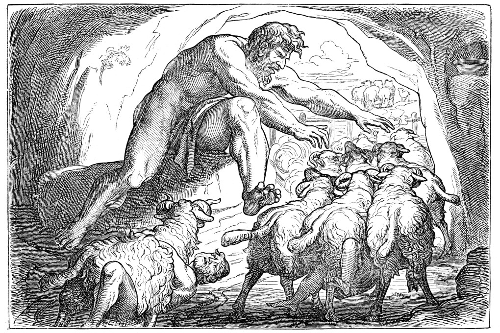 An image of Polyphemus, a cyclops who found Odysseus and his men in his cave in Homer’s The Odyssey.
Image: Weltgeschichte 1898