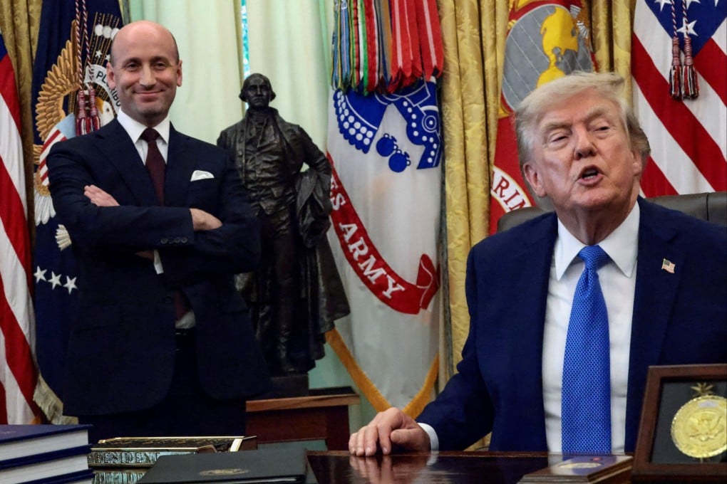 US President Donald Trump, with White House Deputy Chief of Staff Stephen Miller, speaks during an event to sign an executive order related to birthright citizenship in the White House in Washington on Thursday. Photo: Reuters