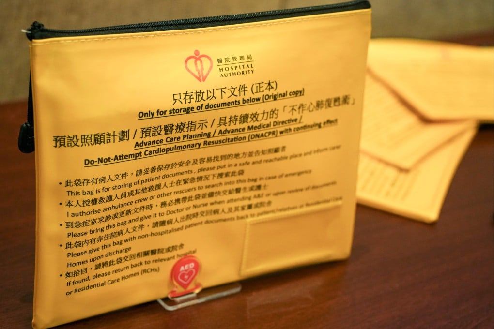 The Hospital Authority has issued bright yellow pouches for storage of advance medical directives. Photo: Sun Yeung
