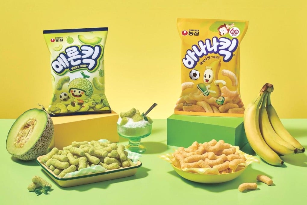Banana Kick (right) has long been a favourite in Korea, but the puffed corn snack became the focus of attention overseas after Blackpink’s Jennie named it one of her favourites last year. Melon Kick (left) has also become a favourite for some overseas enthusiasts. Photo: Courtesy of Nongshim