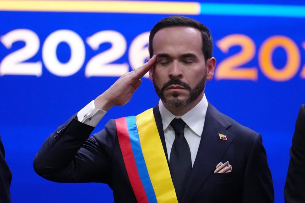 Colombia’s President Abelardo de la Espriella salutes after taking the oath of office in Cali, Colombia, on Friday. Photo: AP