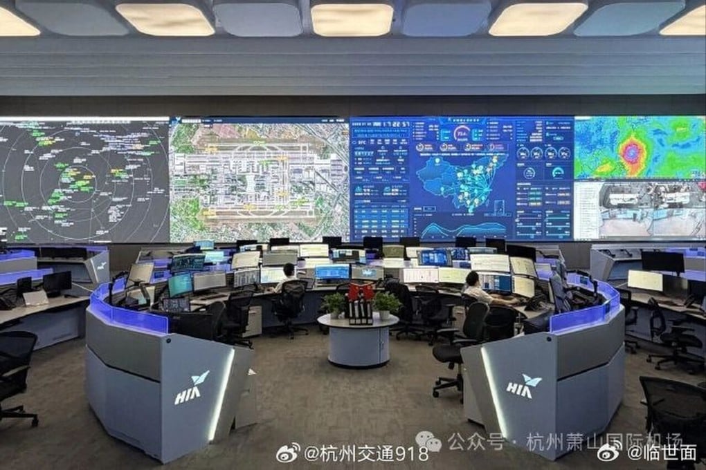 Screens display flight and weather data at the Airport Operations Control Centre at Hangzhou Xiaoshan International Airport in Hangzhou, China. Photo: Weibo/ 临世面