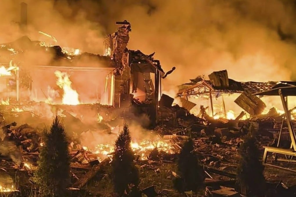 The site of an overnight Russian strike on the Ukrainian village of Pukhivka near Kyiv on Saturday. Photo: Handout via EPA