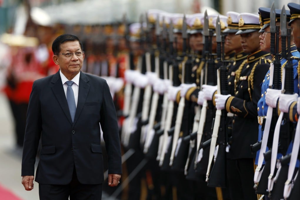 Myanmar President Min Aung Hlaing reviews the honour guard during a welcoming ceremony at Government House in Bangkok, Thailand on Thursday. Myanmar’s former army chief who had originally seized power in 2021 from Aung San Suu Kyi’s civilian government, has been trying to win political legitimacy since the takeover and resume relations with Asean. Photo: EPA