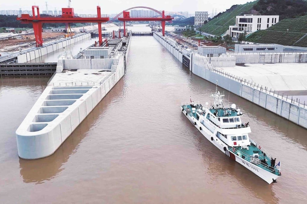 A Chinese maritime patrol vessel completes the first full navigation test of the Pinglu Canal. Photo: Handout