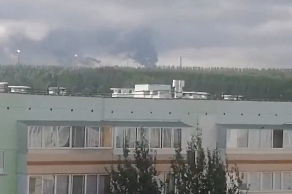 Smoke rises in the distance on Monday after what authorities said was a Ukrainian drone attack on the Russian city of Nizhnekamsk. Photo: Social media via Reuters