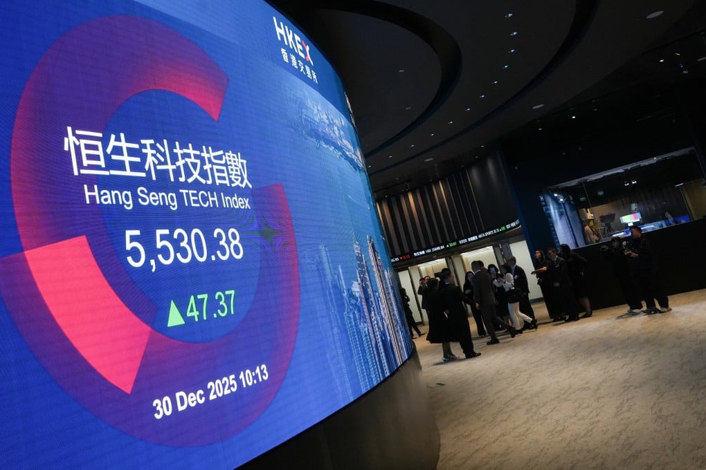 A board at Hong Kong Exchanges and Clearing’s headquarters in Exchange Square, Central, shows the level of the Hang Seng TECH Index towards the end of last year. Photo: Sun Yeung