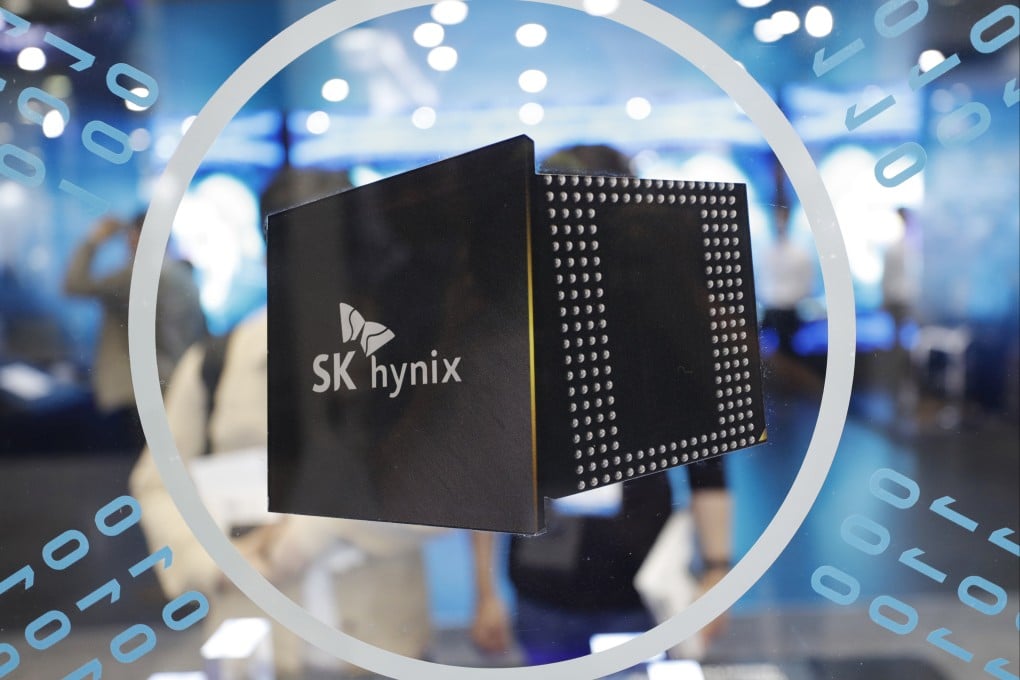 The SK Hynix logo is displayed at a trade expo in South Korea. The company is reportedly looking to sell one of its Chinese facilities. Photo: AP