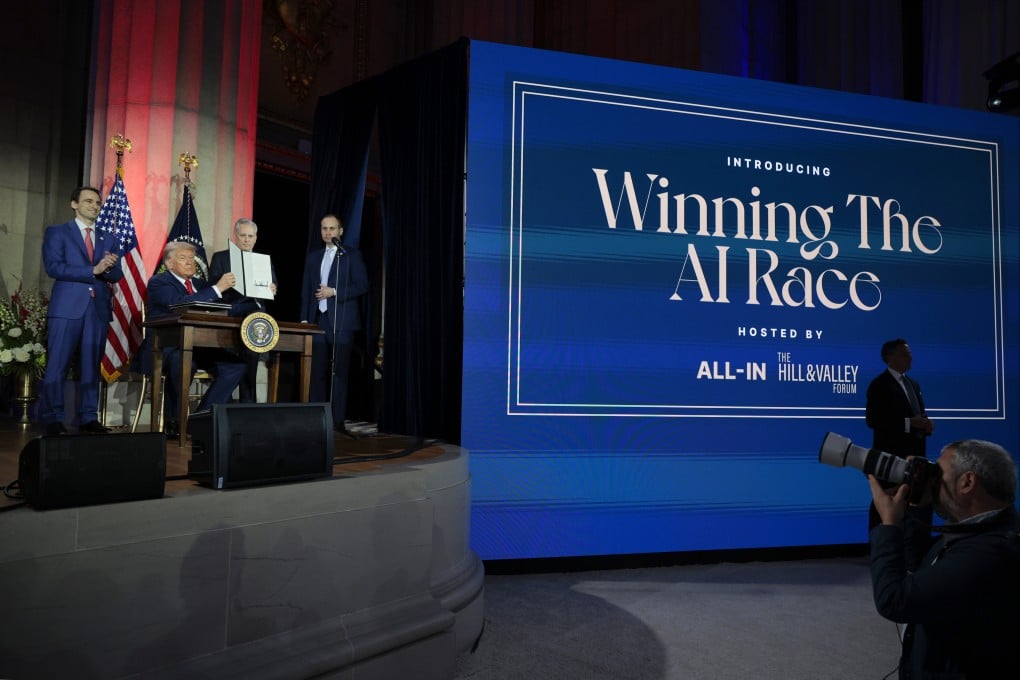 US President Donald Trump displaying a signed executive order related to his AI Action Plan at the “Winning the AI Race” summit in Washington, D.C. on July 23, 2025. Photo: Getty Images