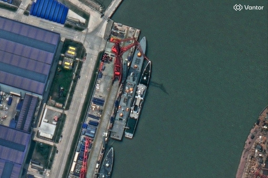 New satellite imagery appears to show the vertical launch system at the bow of a Type 054B vessel has a different shape to the first two Type 054B vessels that have entered service. Photo: Satellite image ©2026 Vantor