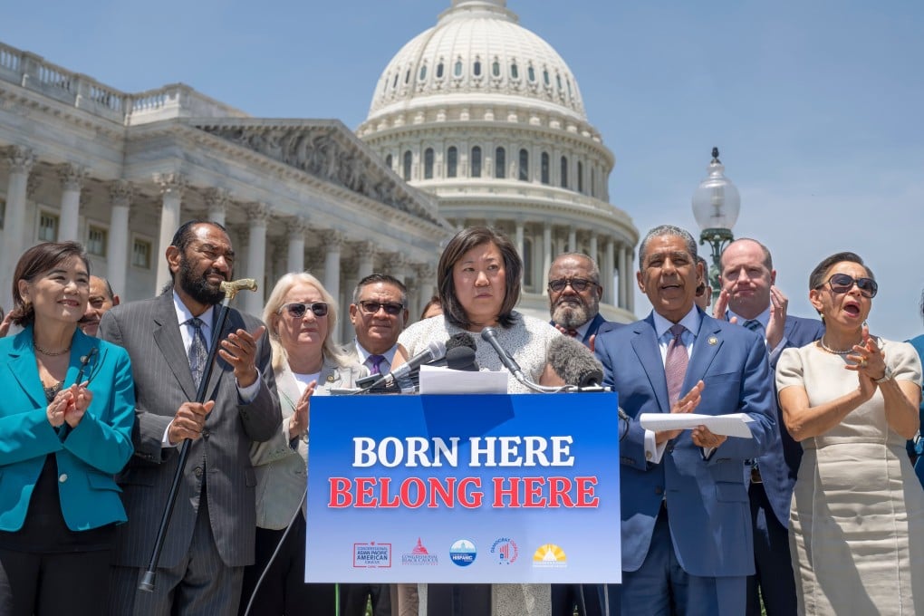 Grace Meng (centre), chair of the Congressional Asian Pacific American Caucus, and other Democratic House members react to the US Supreme Court’s decision on June 30 to block an executive order by the Trump administration targeting birthright citizenship. Photo: AP
