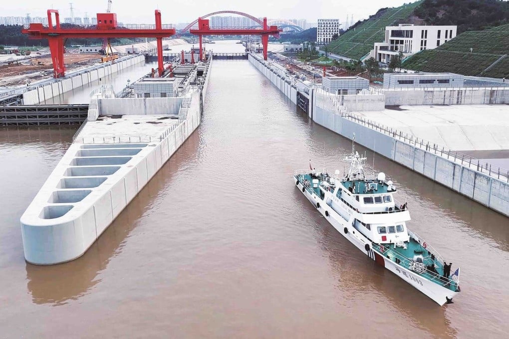 A Chinese maritime patrol vessel completes the first full navigation test of the Pinglu Canal. Photo: Handout