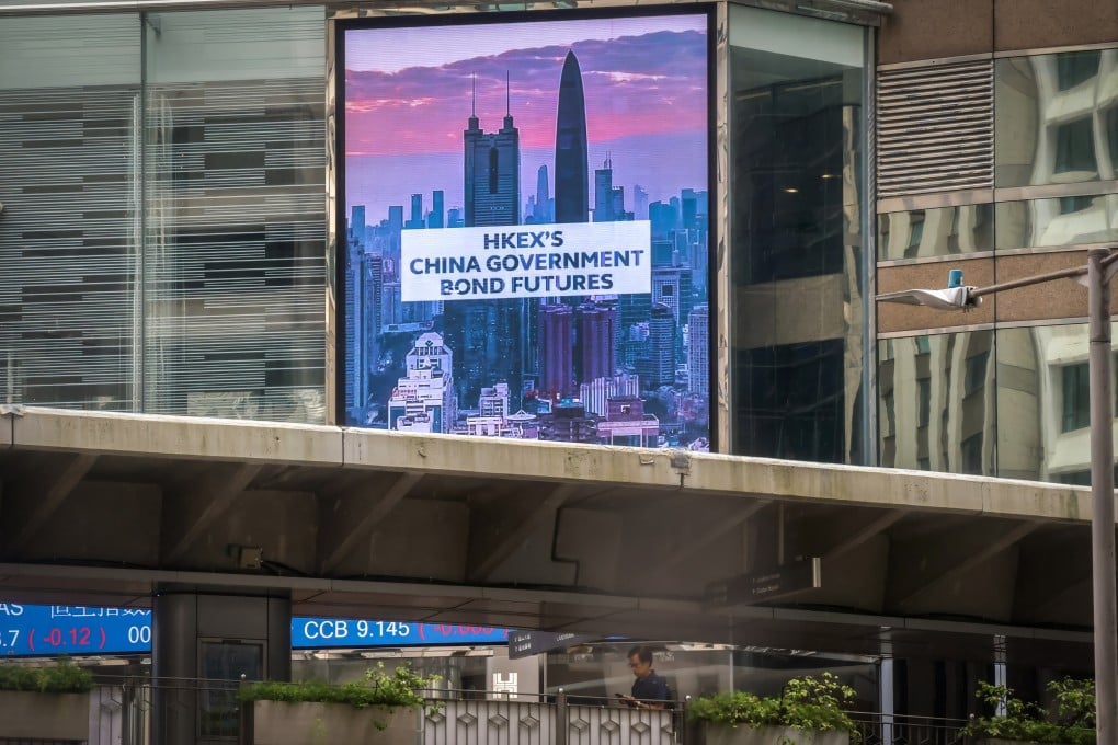 An electronic board at the Hong Kong exchange displaying news of the launch of China government bond futures at Exchange Square, Central, on August 3. Photo: Jonathan Wong