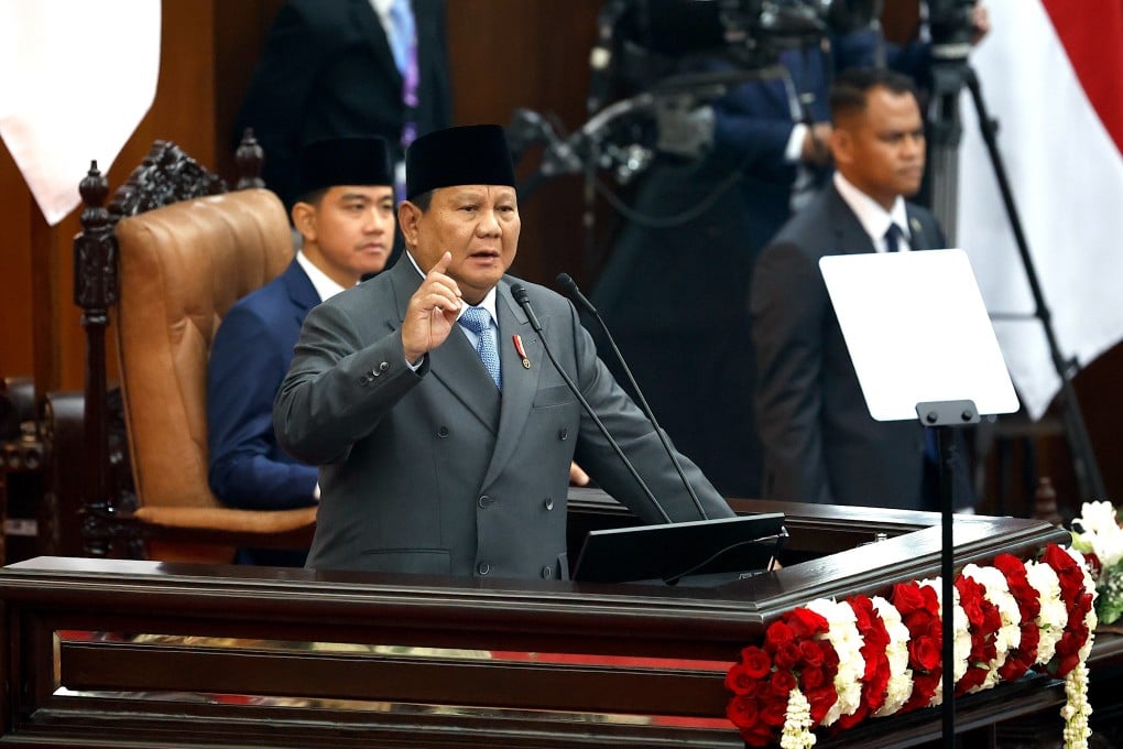 Indonesia’s President Prabowo Subianto delivers his annual State of the Nation Address ahead of the country’s Independence Day at the parliament building in Jakarta, Indonesia, on Friday. Photo: EPA