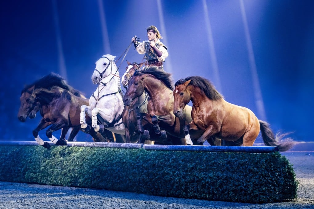 A rider performs the Hungarian Post stunt during a Cavalluna – Gate to the Otherworld show. Photo: courtesy Cavalluna