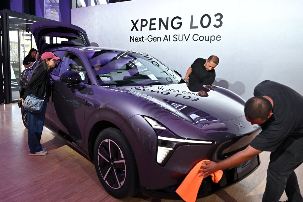 The XPENG L03, which has a plug-in hybrid option, on display during the car’s launch event in Munich, Germany. Photo: Reuters
