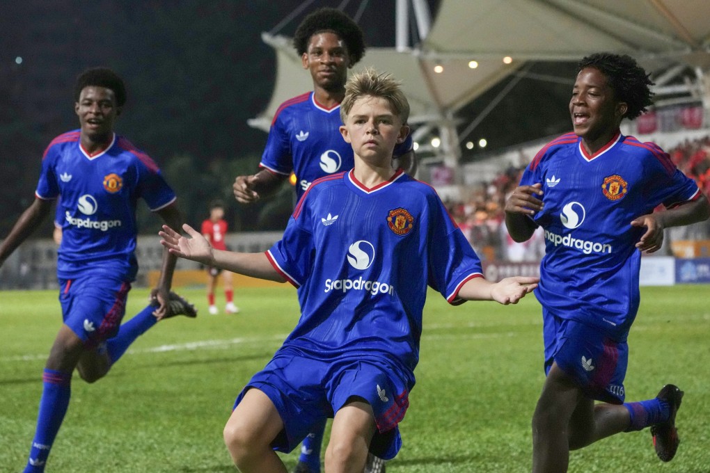 Manchester United celebrate their second goal goal against the Hong Kong under-16 team on Sunday. Photo: Karma Lo