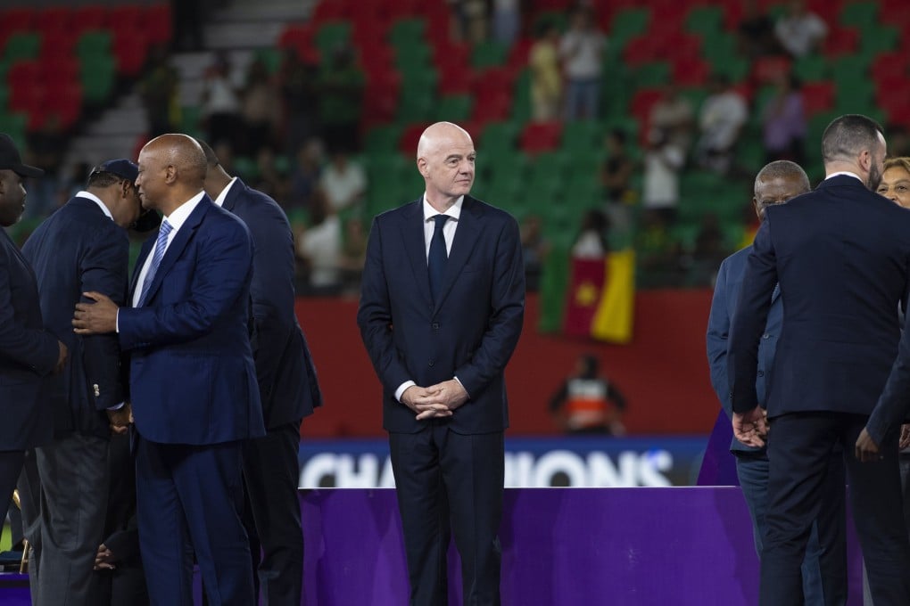 Fifa president Gianni Infantino at the presentation ceremony of the Women’s Africa Cup of Nations final in Rabat, Morocco, on Sunday, won by Cameroon. Photo: EPA
