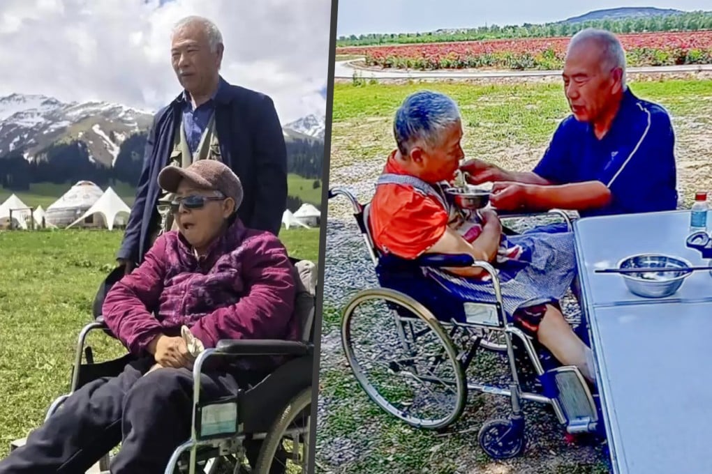 A 69-year-old husband has spent over a decade taking his partially paralysed wife on road trips across China in a custom campervan. Photo: SCMP composite/Douyin