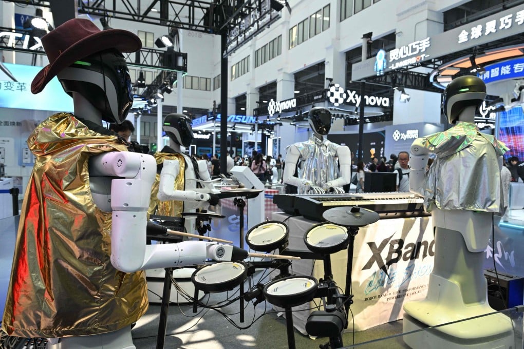 A robot band plays music during the 2026 World Robot Conference in Beijing on Wednesday. Photo: AFP