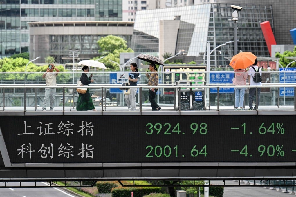 A footbridge with a screen displaying the Shanghai Composite Index is seen in Shanghai’s financial district of Shanghai on Wednesday. Photo: AFP