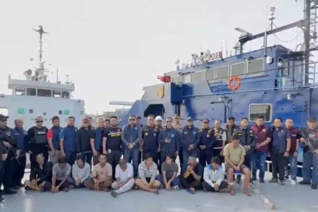 Crew members from Tanzanian-flagged MV Rain Maker (seated) are photographed after their arrest on Monday. Photo: National Narcotics Agency